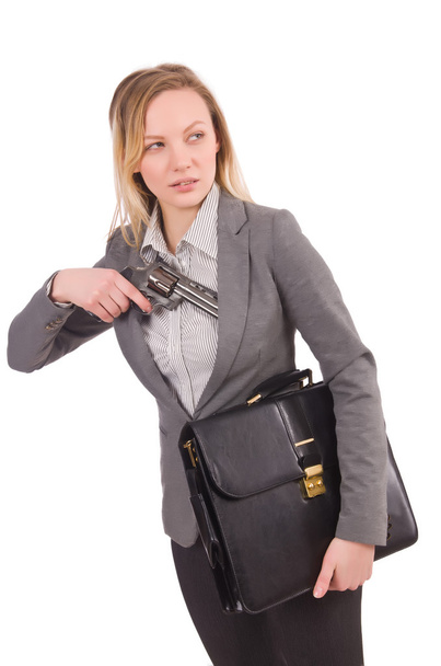 Bonito empleado de oficina con maletín y pistola aislada en blanco
 - Foto, imagen