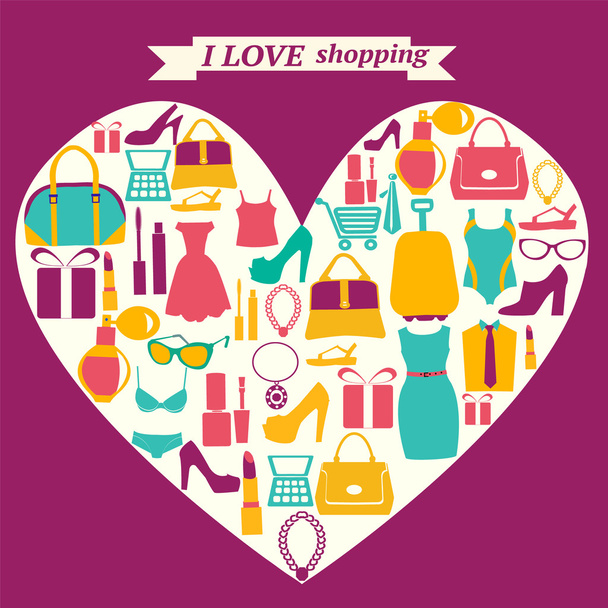 colorful shopping icons in heart shape. I love shopping - Vektor, Bild