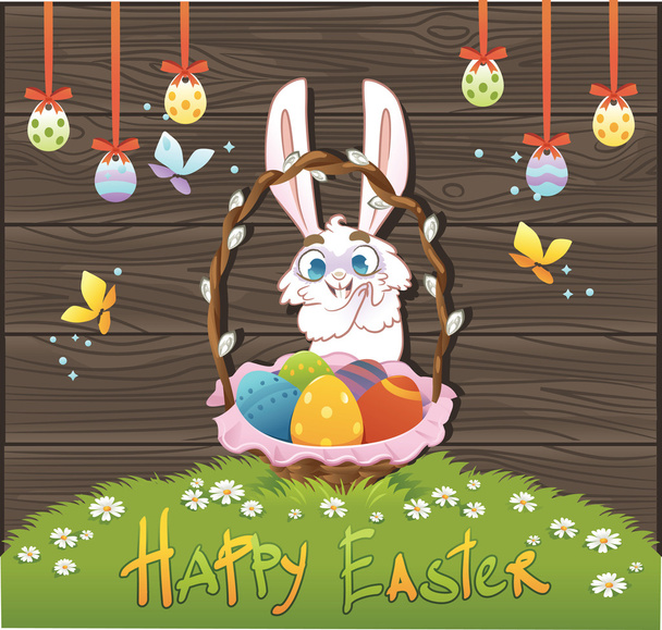 Happy easter with eggs and rabbit over wood background. Vector i - Vector, Imagen