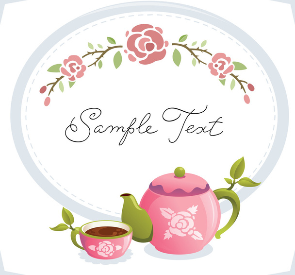 Coffee or tea background. Card with cups, teapot and flowers. - Vector, Image