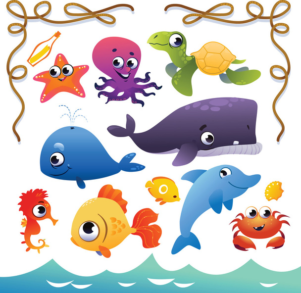 Vector Set of cute sea animals and rope frame. - Vector, afbeelding