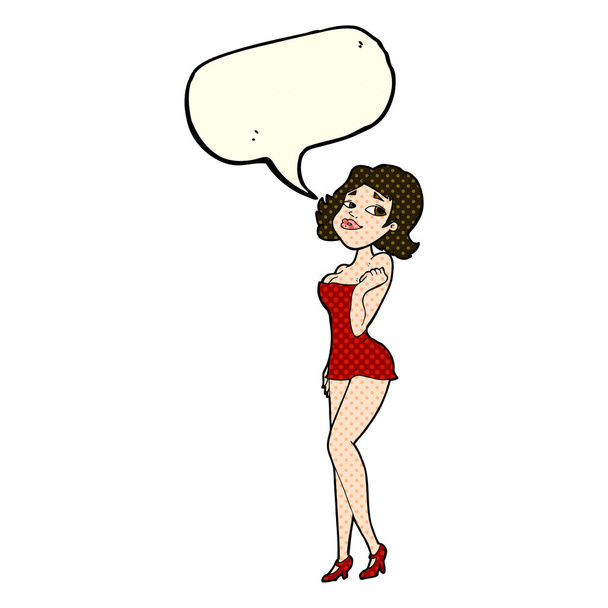 rajzfilm rövid ruha, beszéd buborék, vonzó nő - Vektor, kép