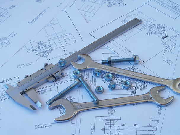Engineering tools on technical drawing - Photo, Image