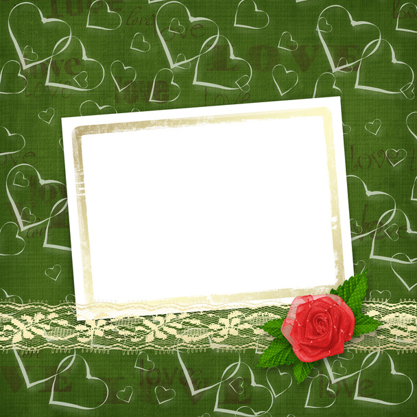 Card for congratulation or invitation with red rose and hearts - Φωτογραφία, εικόνα