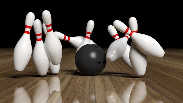 Bowling ball and pins in motion on wooden floor - Photo, Image