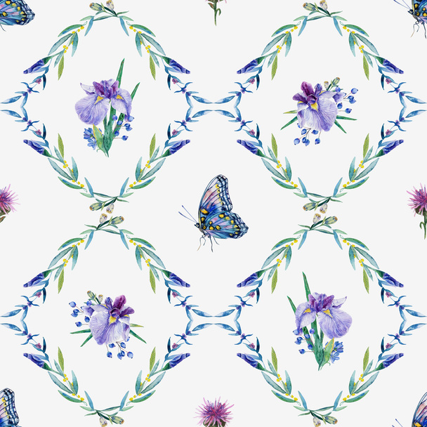 Vector seamless pattern. Watercolor iris, leaves, butterfly. - Vector, Image