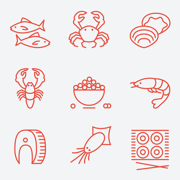 Seafood icons, thin line style, flat design - Vektör, Görsel