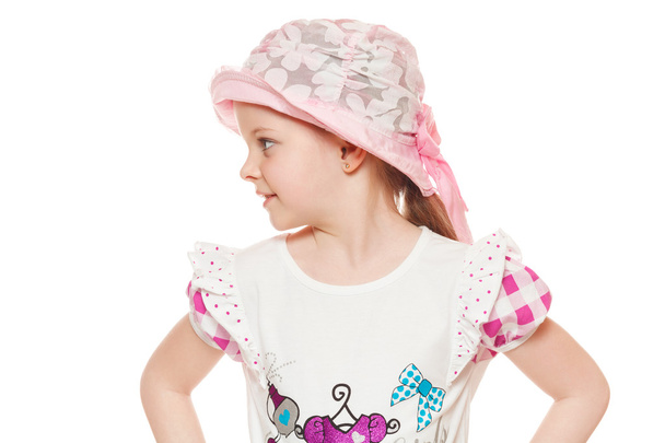 Fashionable little cute girl in shirt and hat summer, isolated on white background - Foto, Bild
