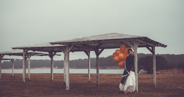 unusual woman with balloons as concept outdoors - Φωτογραφία, εικόνα