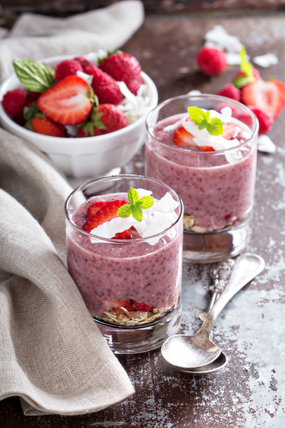 Strawberry chia pudding in glasses - Фото, зображення
