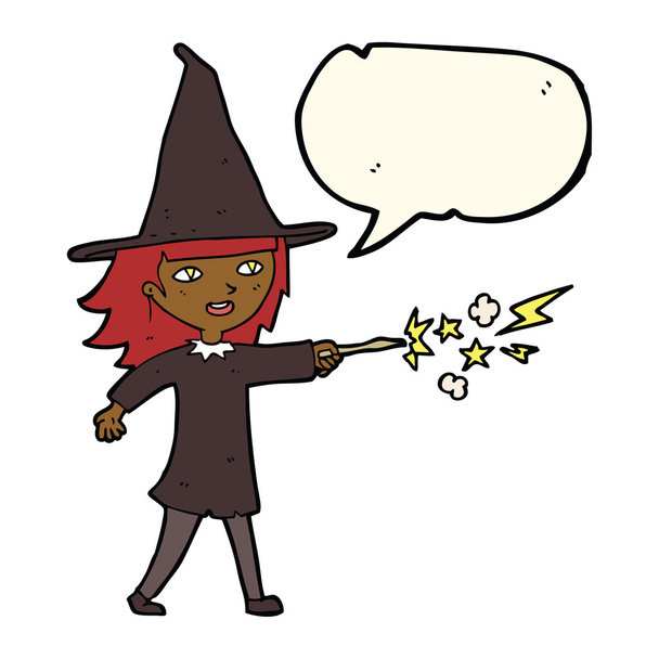 cartoon witch girl casting spell with speech bubble - Vector, Image