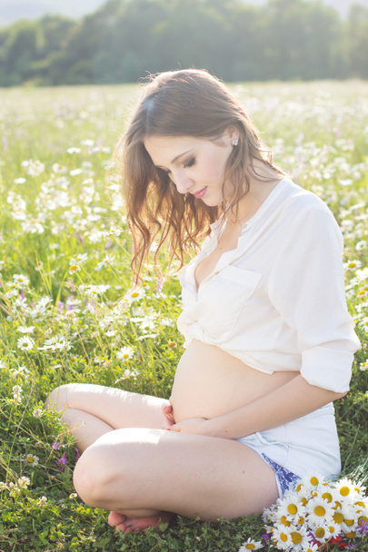 Mujer embarazada sonriente sobre la naturaleza en las luces del atardecer
 - Foto, Imagen