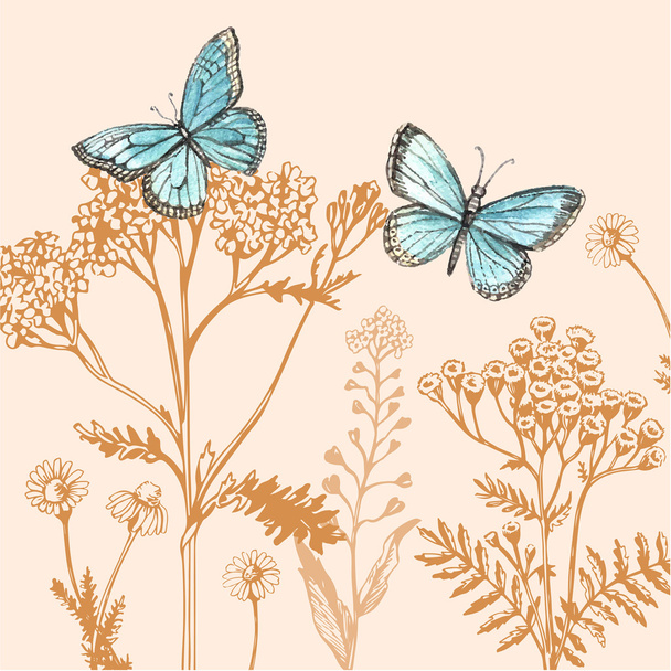 Decorative background with grass and butterflies - Vektori, kuva