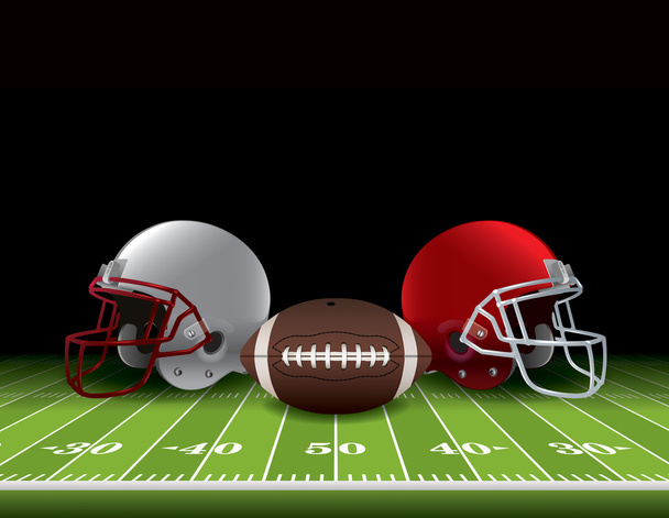 American Football Helmets and Ball on Field - Vector, Image