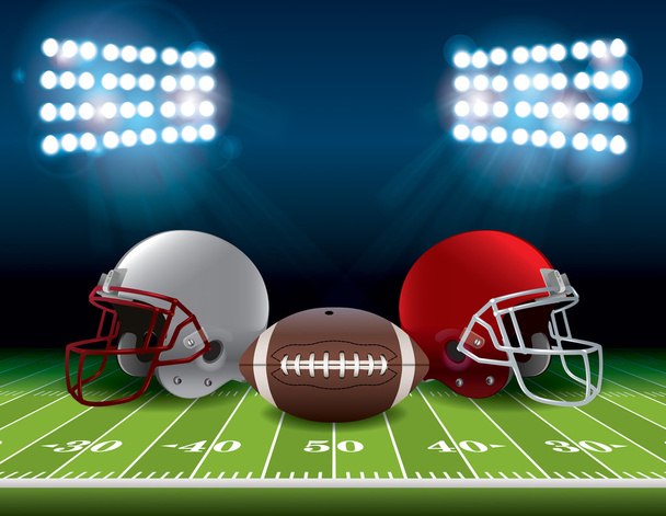 Campo de futebol americano com capacetes e ilustração de bola
 - Vetor, Imagem
