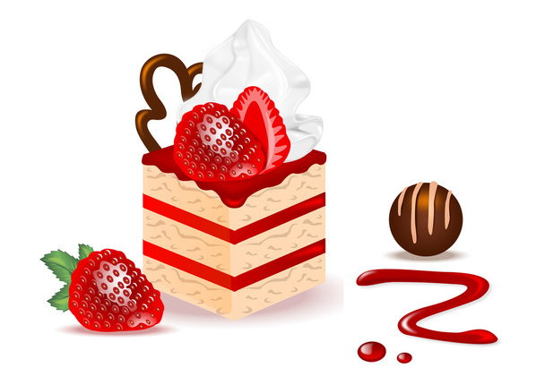 sponge cake with strawberries and whipped cream on white background - Vector, Image
