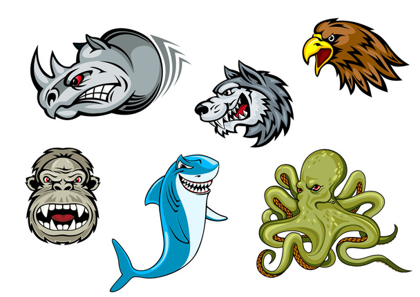 Cartoon eagle, wolf, haai, gorilla, rhino en octopus - Vector, afbeelding