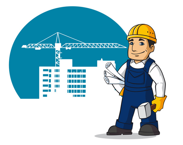 Smiling builder with hummer and plans - Vector, Image