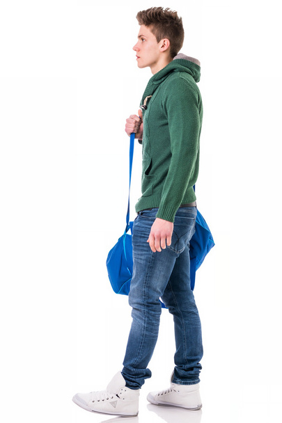man with bag on shoulder strap, isolated - Φωτογραφία, εικόνα