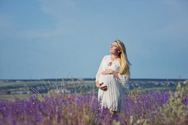 pregnant woman in a lavender field - Foto, afbeelding