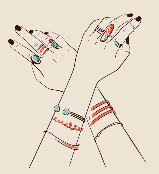 жіночі руки в ювелірних виробах Векторні ілюстрації
  - Вектор, зображення
