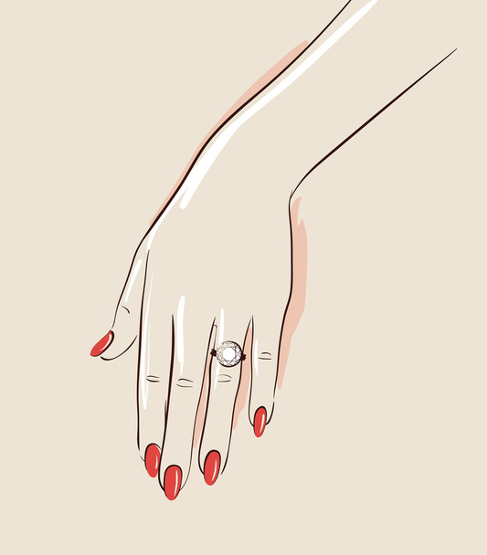 χέρι γυναίκα φοράει ένα γαμήλιο δαχτυλίδι σχέδιο. εικονογράφηση - Διάνυσμα, εικόνα