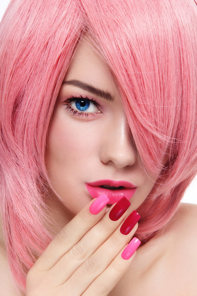 woman with pink hair and fancy manicure - Foto, Imagen