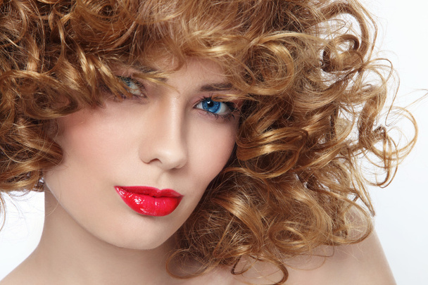 woman with curly hair and red lipstick - Photo, Image