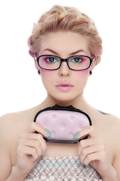 girl in glasses with beauty bag - Фото, зображення
