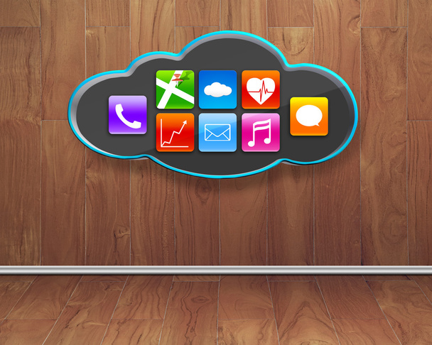 colorful app icons on black cloud with wooden interior backgroun - Foto, Bild