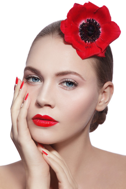 woman with clean make-up  and red flower - Photo, image