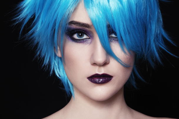 beautiful woman in blue cosplay wig - 写真・画像