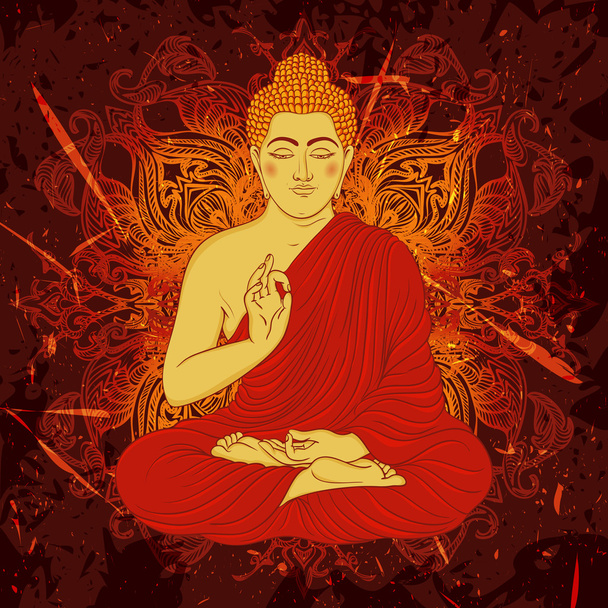 Винтажный плакат с сидящим Буддой на фоне гранжа. Ретрографическая векторная иллюстрация
 - Вектор,изображение