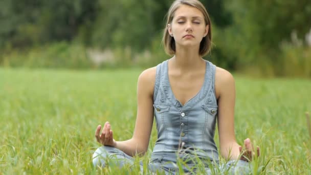 Женщина медитирует сидя на траве
 - Кадры, видео