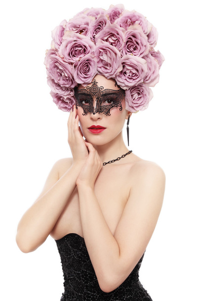 woman with flower wig and Venetian mask - Фото, зображення