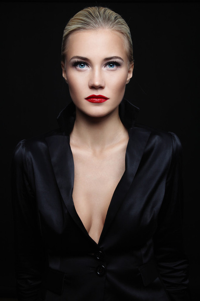 glamorous woman in black silky jacket - Foto, Imagen
