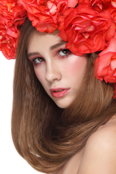 woman with long hair and floral headband - 写真・画像
