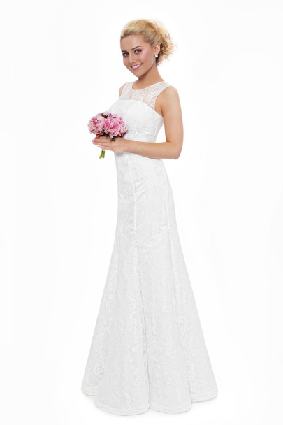 happy smiling bride in lacy dress - 写真・画像