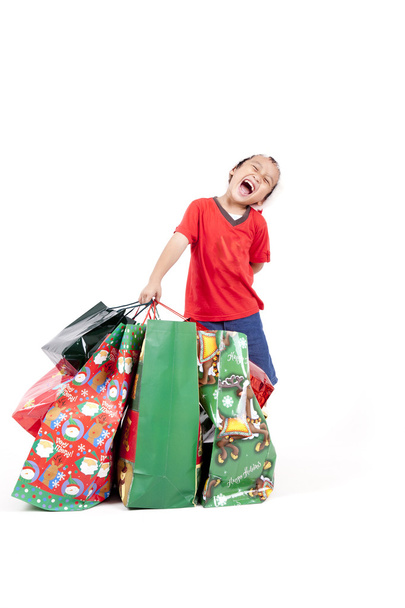 Happy Asian Boy With Christmas Gifts - Foto, Imagem