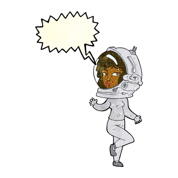 Cartoon-Frau trägt Weltraumhelm mit Sprechblase - Vektor, Bild