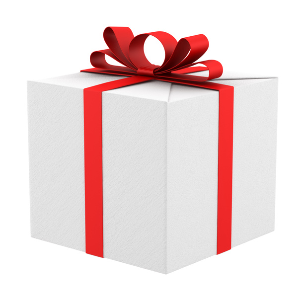Caja de regalo blanca con cinta roja y lazo aislado en blanco
 - Foto, imagen