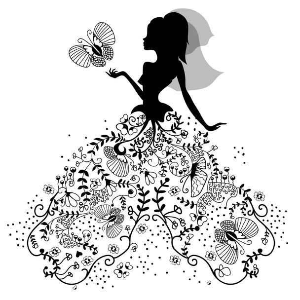 silhouette of bride with butterfly - Vector, Image