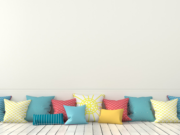 kleurrijke kussens en een witte muur  - Foto, afbeelding