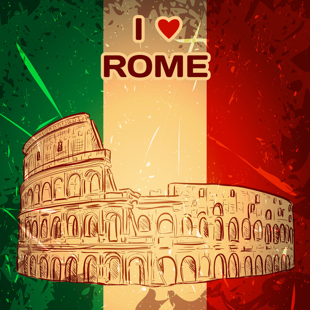 Винтажный плакат с Колизеем на фоне гранжа. Ретрографическая векторная иллюстрация в стиле эскиза "Я люблю Роме"
 - Вектор,изображение