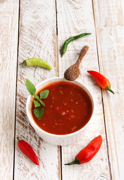 bowl of tomato hot sauce with peppers - Photo, Image