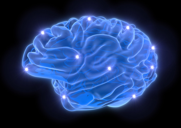 Cerebro de líneas de neón azul sobre fondo negro
  - Foto, imagen