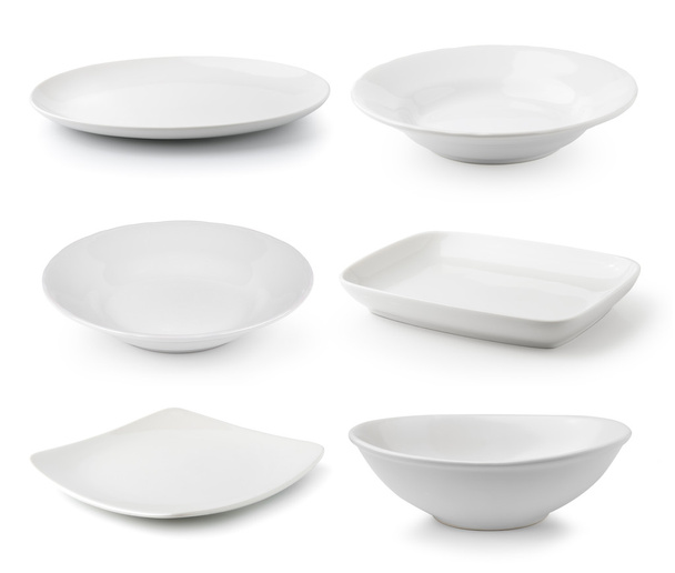 placa de cerámica blanca y cuenco aislado sobre fondo blanco
 - Foto, Imagen