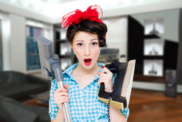 house wife with iron and vacuum cleaner - Foto, Bild