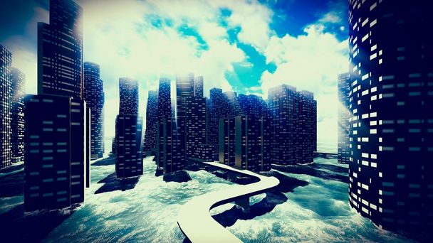tsunami niszczące miasta  - Zdjęcie, obraz