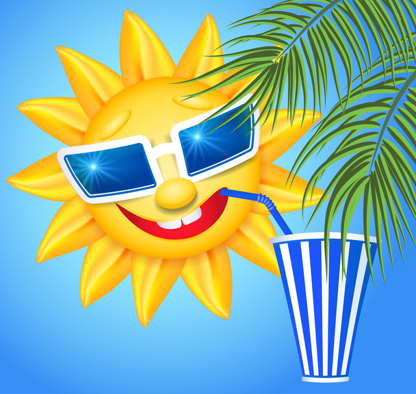 Funny sun drinking cool drink from straws - Vector, Image